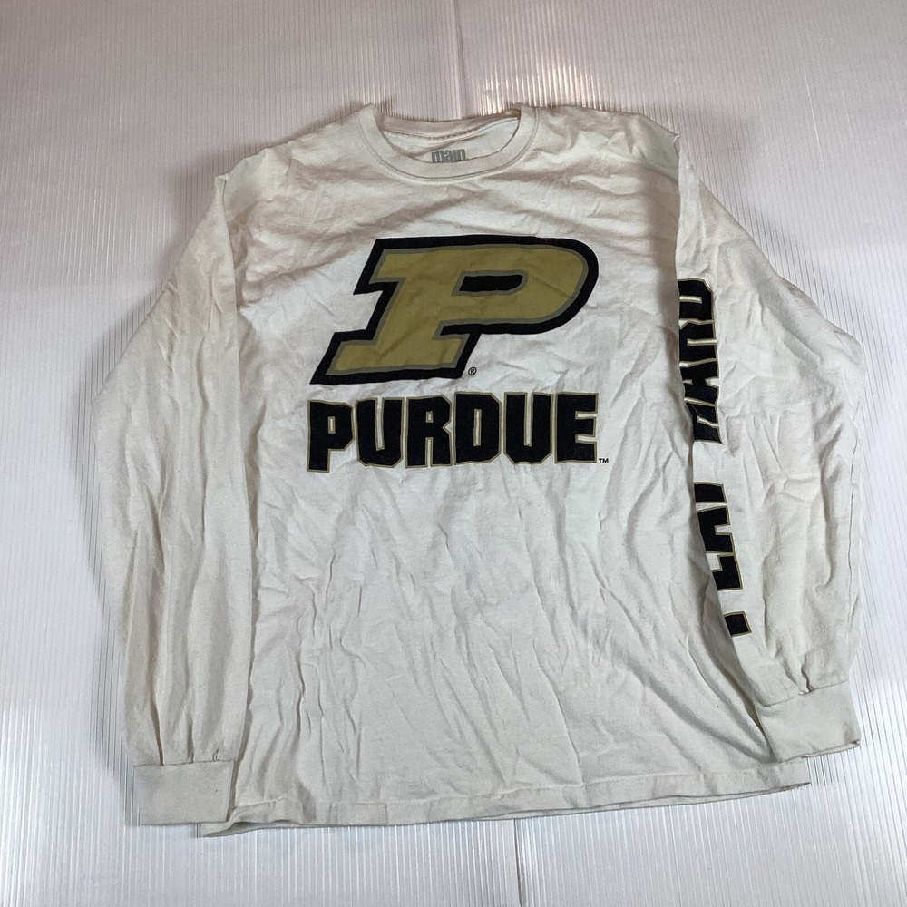 Main Gate Mens T Shirt Size M Top Long Sleeve Crew Neck White Purdue Tiny Stain